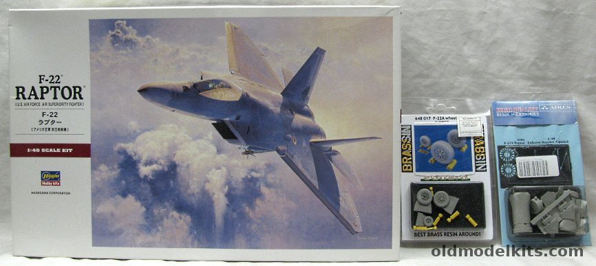 Hasegawa 1/48 Lockheed F-22 Raptor + Aires Exhaust Nozzles + Eduard Brassin Wheels, PT45 plastic model kit